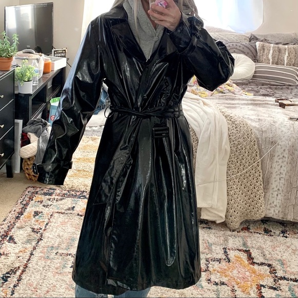 Vintage Black Patent Leather Pvc Trench 